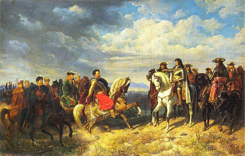King Jan III Sobieski meets emperor Leopold I near Schwechat, Artur Grottger